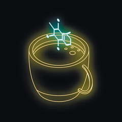 Neon coffee cup with caffeine molecule, symbolizing energy boost and potential addiction