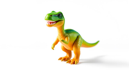 Fototapeta premium green toy dinosaur, standing on a white background, vibrant colors, realistic texture, playful and adorable pose. Generative AI