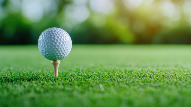Close up golf ball on tee with blurred green background, showcasing serene golfing atmosphere. Perfect for sports enthusiasts and nature lovers