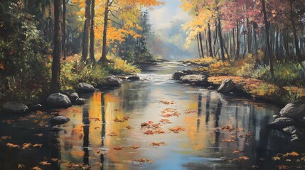 Fototapeta premium Serene forest landscape with tranquil stream, vibrant autumn foliage reflecting in water, ideal for nature-themed projects.