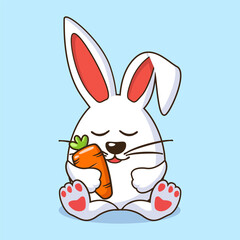 Cute Rabbit Holding Carrot. Animal Icon. Flat Cartoon Style. Easter Bunny in egg shape. Cartoon Design for greeting card, stickers or calendar