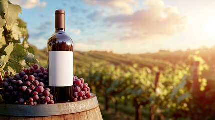 Fototapeta premium A bottle of wine with a white label mockup stands on a wooden barrel next to a grape branch on a blurred background of vineyards and a pleasant warm sunlight