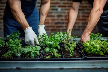 Two men wearing gloves carefully plant various herbs and greens in a long, rectangular planter.