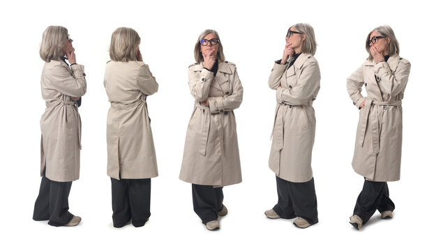 various poses omb same woman with a doubtful expression on white background