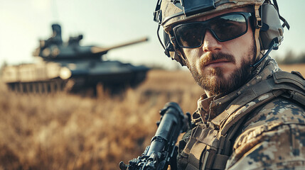 Fototapeta premium A man in a military uniform with a machine gun on the background of a tank in a field