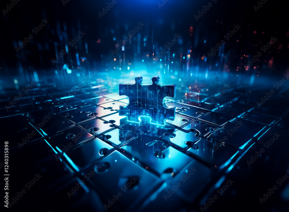 Poster a glowing blue puzzle piece rests on a metallic surface of smaller puzzle pieces, surrounded by a di