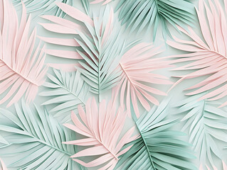 A close-up of a textured wallpaper with pastel pink and green palm leaves, creating an elegant...