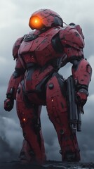 Futuristic battle mech stands tall in sleek metallic red armor with dark accents featuring a glowing orangeyellow light on its head aggressive design and powerful multibarreled cannon on its right arm