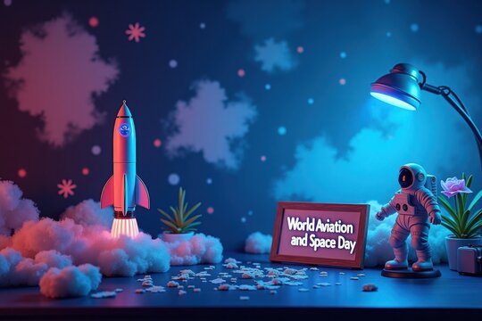 A futuristic dark desk with a rocket model, astronaut figurine, and a sign reading "World Aviation and Space Day," illuminated by neon blue and pink lights