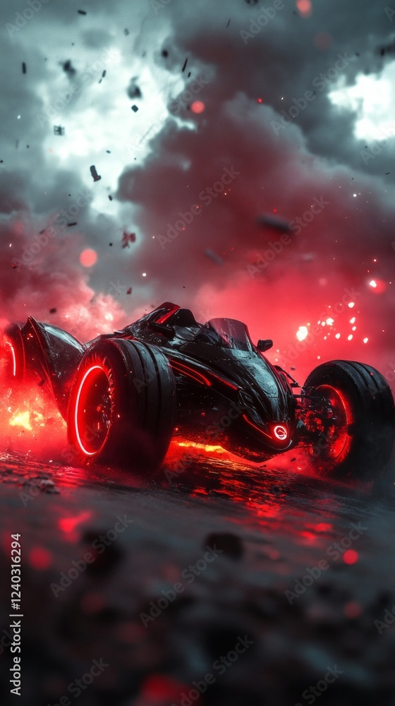 Aufkleber futuristic hightech vehicle with an eyecatching design in red and black emerging from a cloud of smo