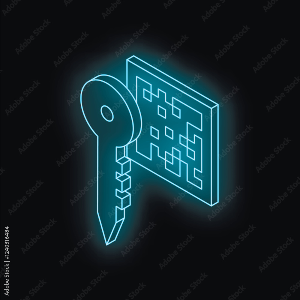 Poster neon key unlocking digital code, representing cybersecurity and data protection in futuristic design