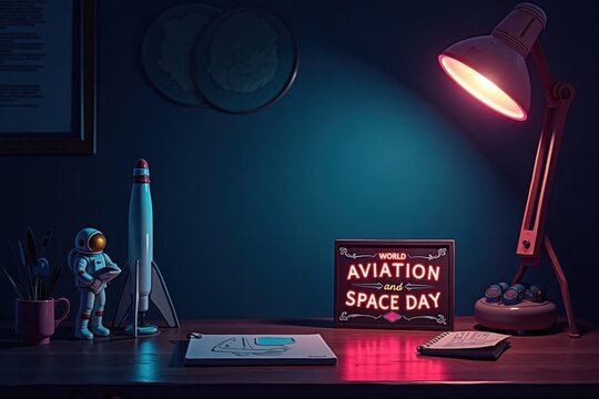 A futuristic dark desk with a rocket model, astronaut figurine, and a sign reading "World Aviation and Space Day," illuminated by neon blue and pink lights