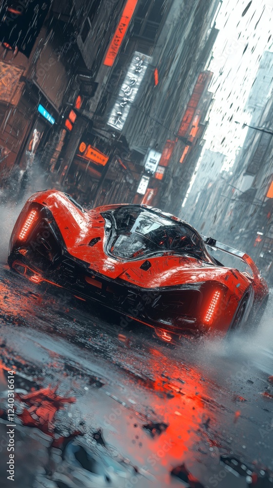 Aufkleber futuristic hightech vehicle with an eyecatching design in red and black emerging from a cloud of smo