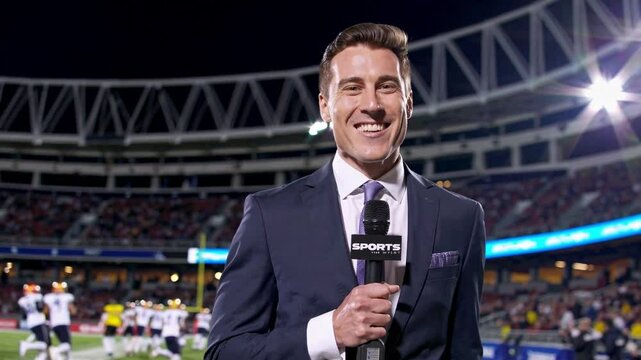 A smiling sports reporter in a navy suit holding a microphone while standing on a stadium field during a live broadcast at night with a crowd and players in the background