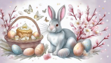 Easter celebration featuring a gray rabbit beside a basket of pastel-colored eggs and blooming flowers