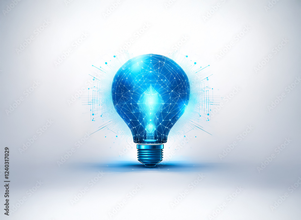 Poster a glowing blue lightbulb, constructed from interconnected nodes and lines, symbolizes innovation and