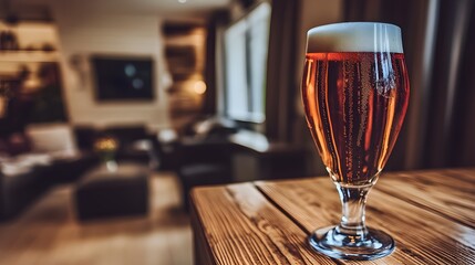 Closeup Glass of Beer on Wooden Table in Cozy Living Room