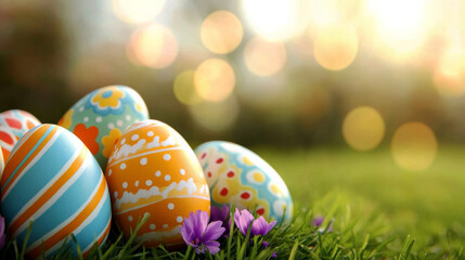 Easter Eggs Nestled in Spring: A vibrant collection of colorful, hand-painted Easter eggs rests nestled in a bed of lush green grass, surrounded by delicate purple blossoms.