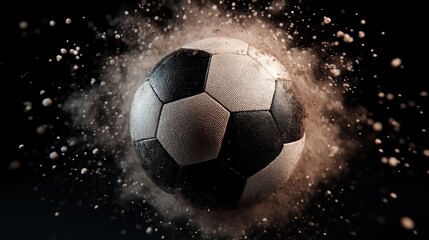 Naklejka premium Closeup of football midshot with glowing energy waves and particles scattering.