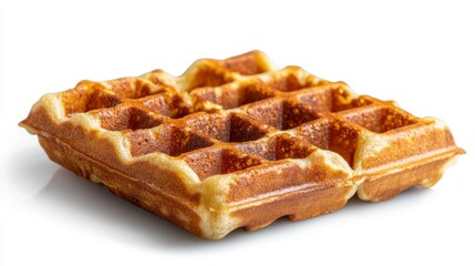 Golden-brown waffle, freshly baked, isolated on white background, ready for breakfast, perfect for food blogs