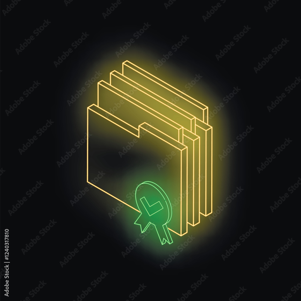 Aufkleber neon glowing folders with a green check mark symbolize data integrity and security in digital archiv