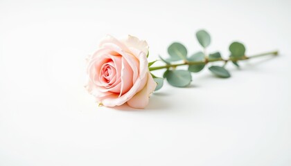 Fototapeta premium Single soft pink rose is elegantly placed on a clean white surface. Delicate rose flower exudes simplicity and beauty, suitable for floristry, greeting cards and promotional materials