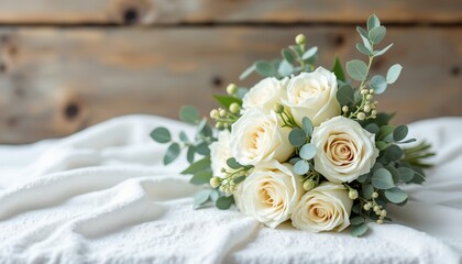 Elegant bouquet of white roses with eucalyptus on a soft white fabric, creating a romantic ambiance. Rustic wooden background enhances  floral design concept, ideal for weddings and special occasions