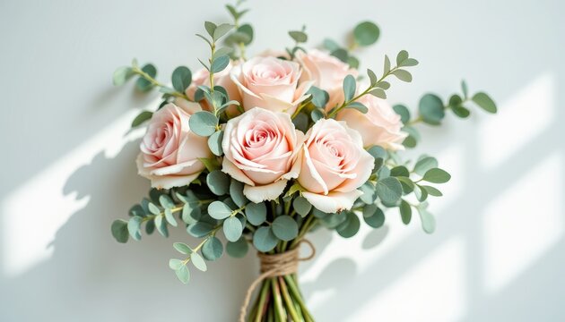  Сharming bouquet of soft pink roses intertwined with fresh green eucalyptus leaves on a light background casting gentle shadows, suitable for florists, wedding planners and romantic occasions