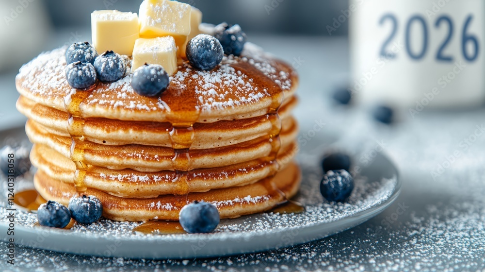 Poster 2026 formed from stacked pancakes drizzled with maple syrup butter cubes melting on top with blueber
