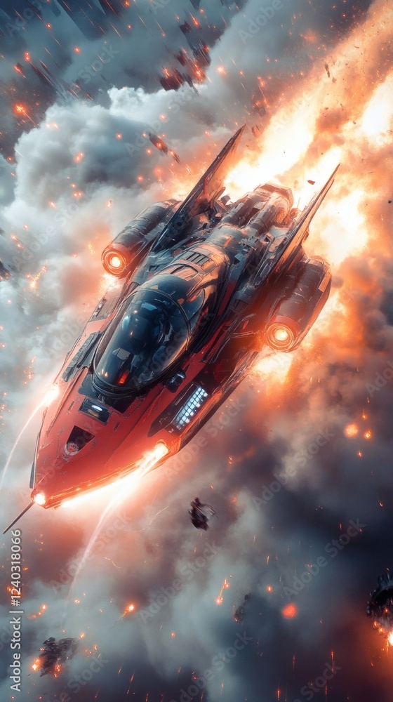 Poster futuristic scene showcasing a sleek hightech vehicle in striking red and black bursting through a cl