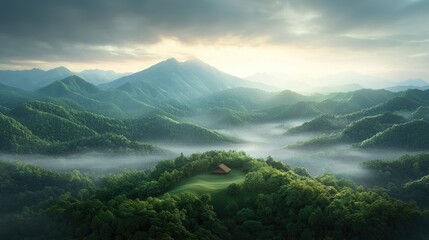 Obraz premium Sunrise over misty mountain valley, cabin on hilltop, peaceful landscape, travel poster
