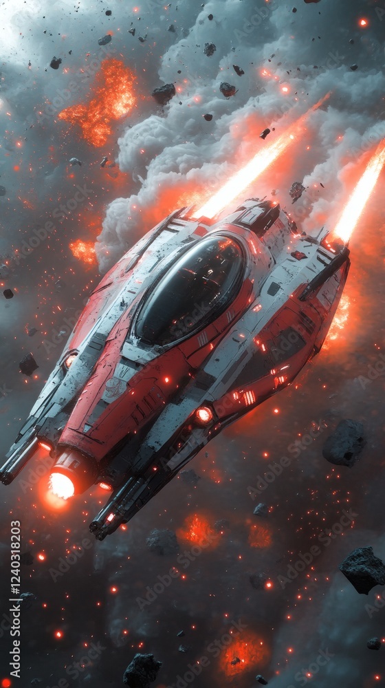 Poster futuristic scene showcasing a sleek hightech vehicle in striking red and black bursting through a cl