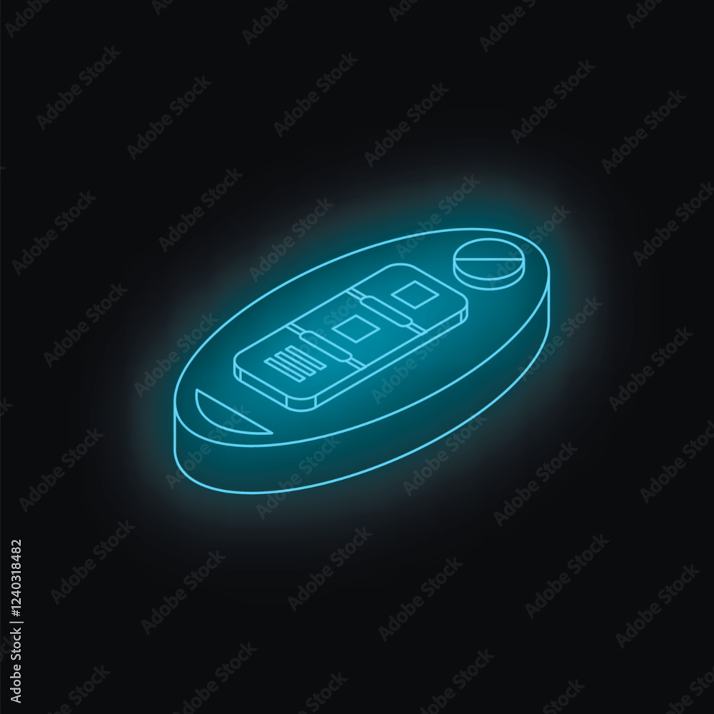 Poster futuristic glowing car key isolated on black background representing modern security and access tech