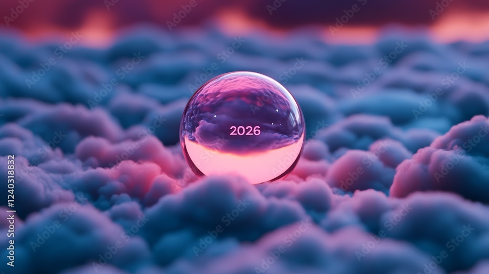 Poster bubble textured 2026 glowing softly as it floats within a dreamy cloudscape surrounded by tiny stars