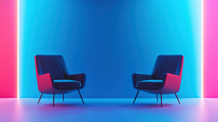 Fototapeta premium Modern minimalist chairs in vibrant neon setting create futuristic atmosphere. contrasting colors of blue and pink enhance stylish design, making it perfect for contemporary spaces