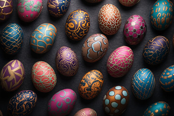 Fototapeta premium Easter egg shaped macarons, each uniquely decorated with intricate patterns, Arranged in an elegant style on dark
