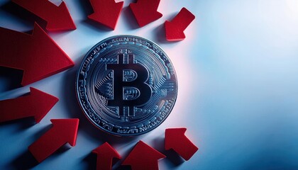 Red light illuminates bitcoin symbol surrounded by downward arrows indicating market decline and uncertainty