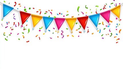 Fototapeta premium Festive bunting, confetti, celebration, white background, party banner