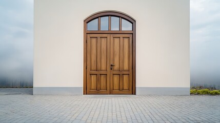 Chapel entrance shrouded in morning fog arched wooden doors partially open inviting Ave Maria mystery holy atmosphere 