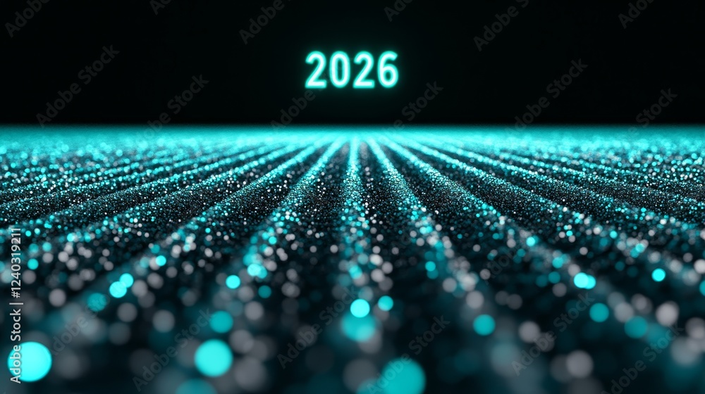 Poster digital hologram projection of the number 2026 floating in mid air with glowing cyan lines surrounde