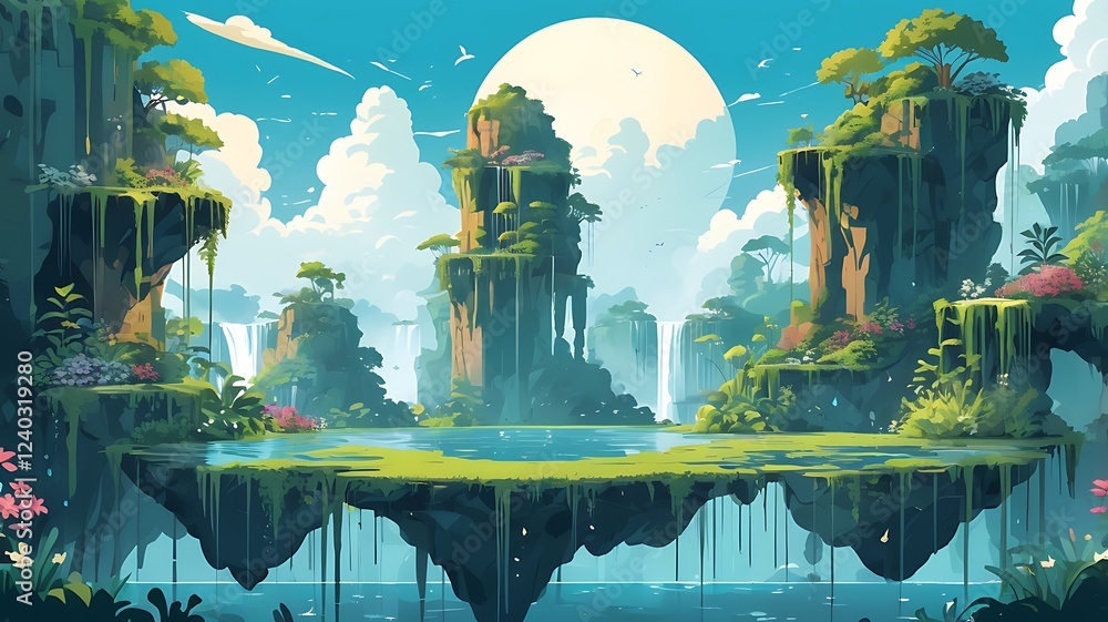 Poster a floating garden utopia with waterfalls cascading into the sky.