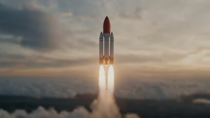 Elegant A futuristic rocket taking off over digital landscapes symbolizing startup growth and tech innovation launch success 