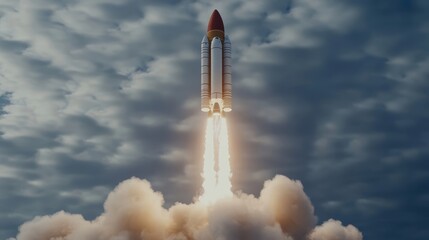 Fototapeta premium Elegant A futuristic rocket taking off over digital landscapes symbolizing startup growth and tech innovation launch success 