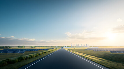 Fototapeta premium A sweeping view of a state-of-the-art renewable energy park, with multiple eco-facilities spread across the landscape. Solar panels stretch toward the horizon, hydrogen energy stations stand proudly,