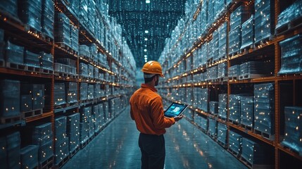Futuristic Smart Warehouse with Worker Using Digital Tablet for Inventory Management