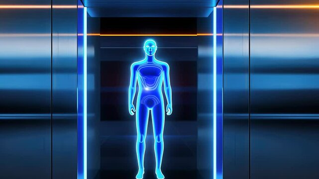 High tech visualization showing glowing translucent human body hologram materializing inside sleek metallic elevator with vibrant orange and electric blue neon illumination