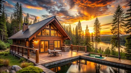 Fototapeta premium Rustic Wooden Cabin Lakefront Sunset View