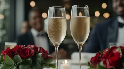 Elegant Champagne glasses clinking next to a table decorated with red roses and candles as a group of friends watch the Bachelor premiere cozy viewing party 
