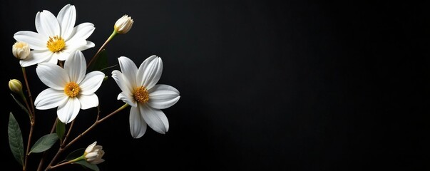 Black and white flower arrangement with long golden stems on a dark background, black, white