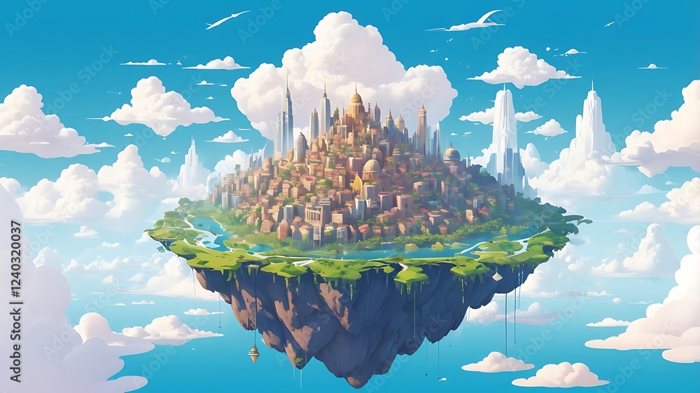 Poster a vector utopian city built on floating islands above the clouds.